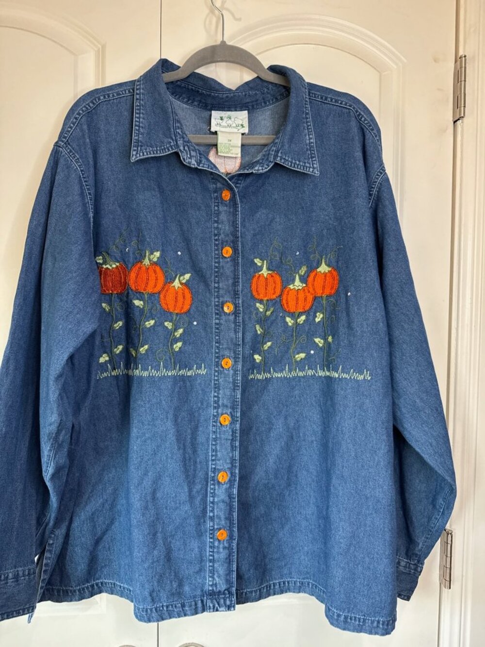 Pumpkin Embroidered Denim Button-Up Shirt 3X By Quacker Factory